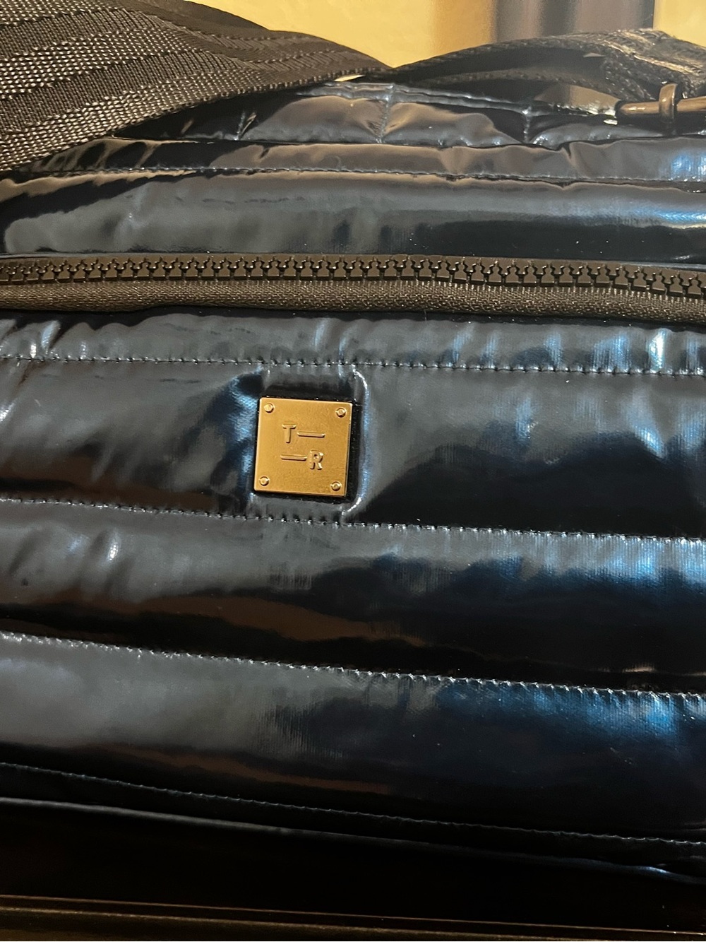 Black Quilted Gloss Navy P Crossbody Bag with Gold Accent